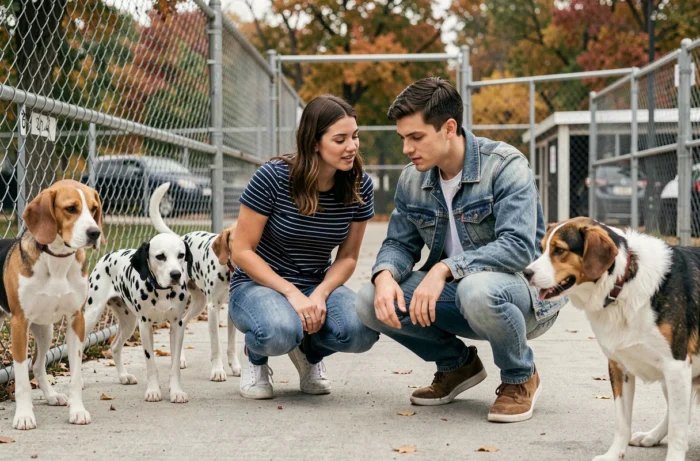 Couple en train de choisir un chien dans un refuge animalier en comparant différentes races disponibles à l'adoption