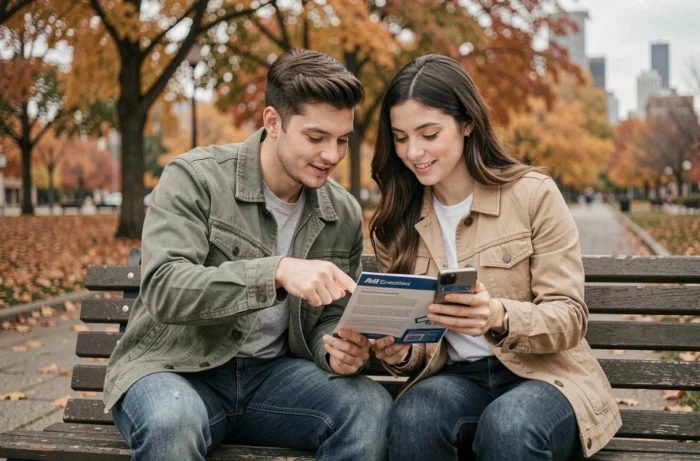 Couple de jeunes adultes en plein air consultant des brochures et une application bancaire pour choisir la meilleure banque ensemble