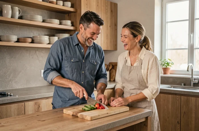 Couple complice qui cuisine ensemble dans une cuisine moderne, illustration de la vie de famille heureuse