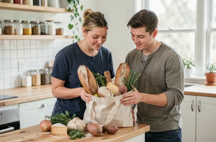 Couple inspectant un sac de produits fermiers locaux dans une cuisine moderne et naturelle