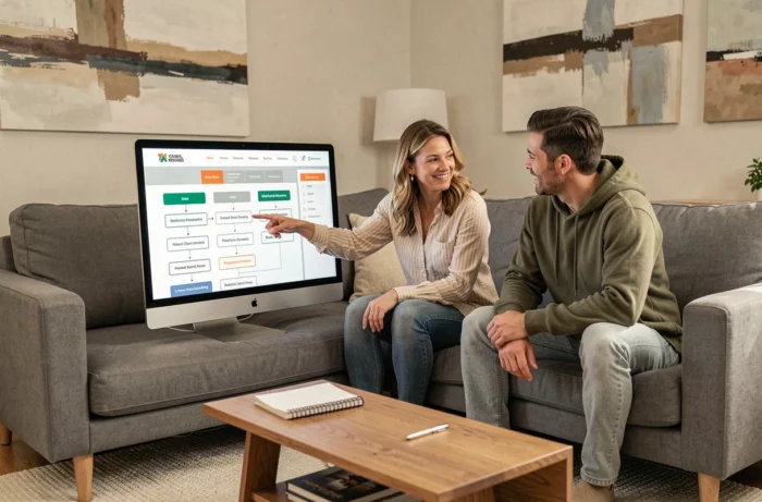 Couple explorant ensemble le plan du site Incroyable Maison sur un écran d'ordinateur dans leur salon