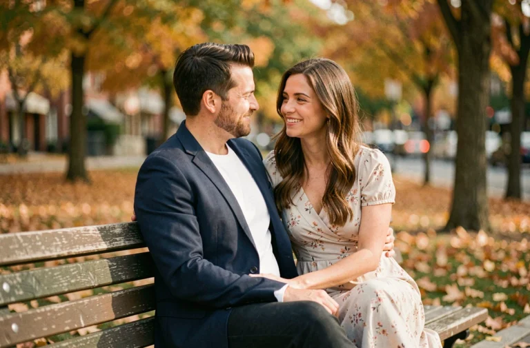 Couple complice assis sur un banc dans un parc automnal, illustrant une histoire d'amour durable