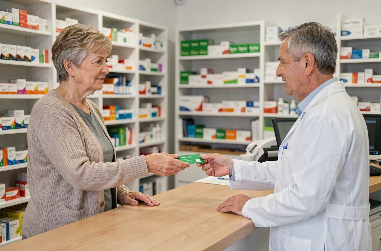 Couple utilisant leur mutuelle GSMC en pharmacie, remboursement de médicaments avec carte de complémentaire santé