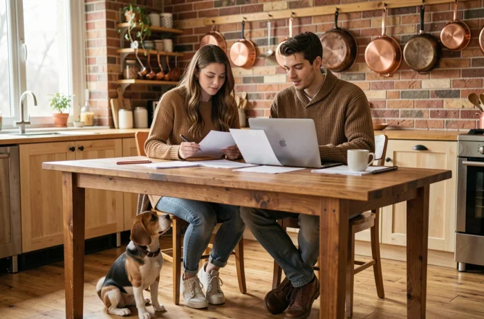 Couple consultant des documents d'assurance pour animaux à la maison avec leur chiot beagle, illustrant le processus de souscription d'une assurance pour chien