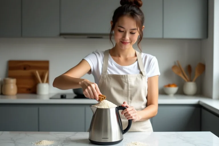 Femme versant du riz dans une bouilloire électrique dans une cuisine moderne