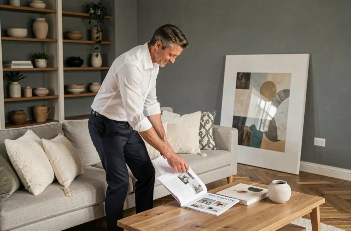 Homme décorant son salon avec assurance en appliquant les conseils de son cours de décoration Decoscope, entouré d'un intérieur soigneusement aménagé