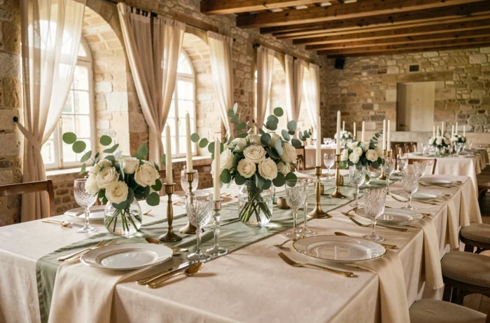 Table de mariage élégante décorée de roses blanches, bougeoirs dorés et vaisselle fine dans un château français en 2024