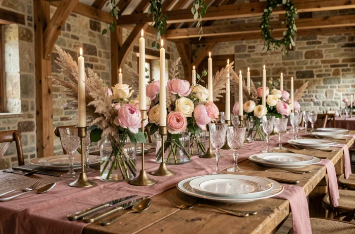 Décoration de table de mariage élégante avec des roses, pivoines, chandeliers en laiton et vaisselle en porcelaine dans une grange rustique