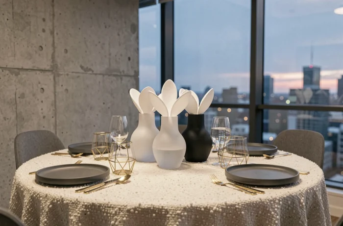 Décoration de table minimaliste avec vases sculptés en verre givré, vaisselle en grès anthracite et verres à bords dorés