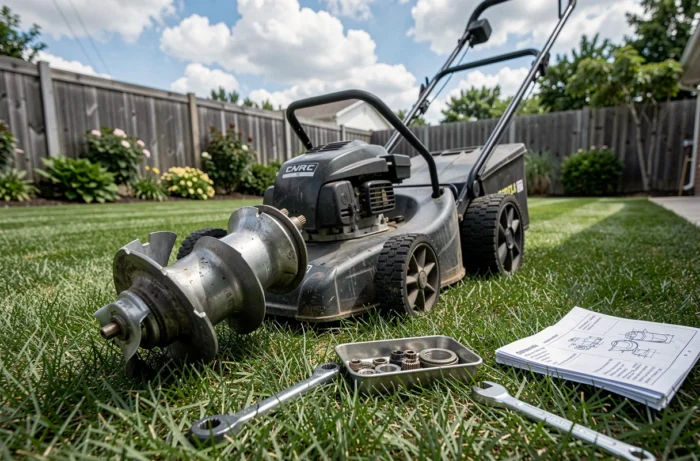 Tondeuse à gazon hélicoïdale démontée sur une pelouse avec la lame cylindrique et les outils d'entretien posés sur l'herbe