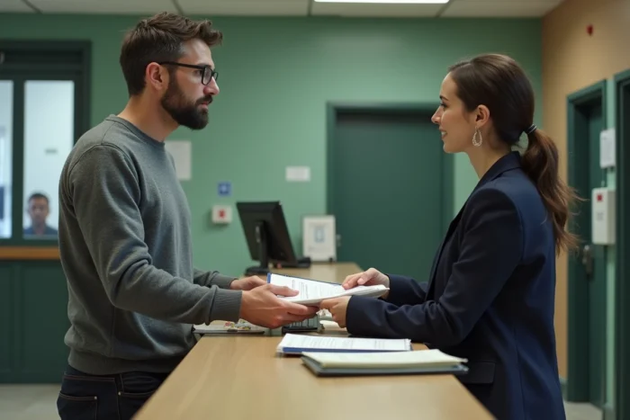 Homme déposant un dossier en mairie pour une demande d'acte de naissance officiel