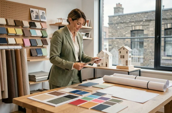 Designer d'intérieur professionnelle étudiant des échantillons de matériaux dans un studio de conception contemporain avec plans et palettes de couleurs