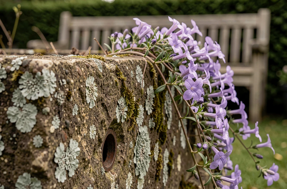 Détail d'une auge en pierre avec lichen, mousse et aubriète en fleurs violettes déversantes