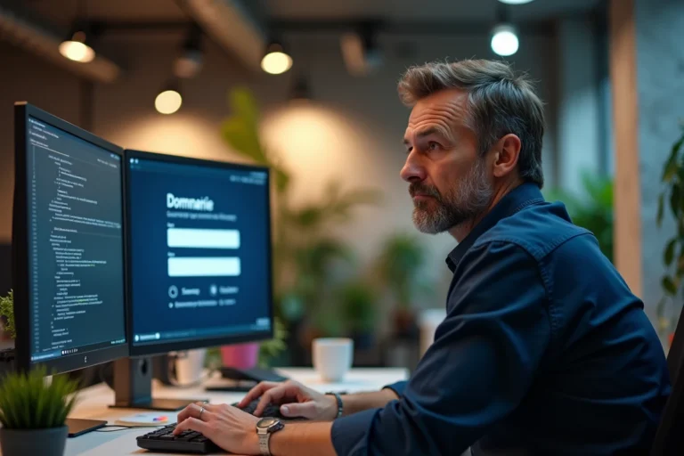 Développeur web consultant un interface d'enregistrement de noms de domaine en France dans un bureau moderne