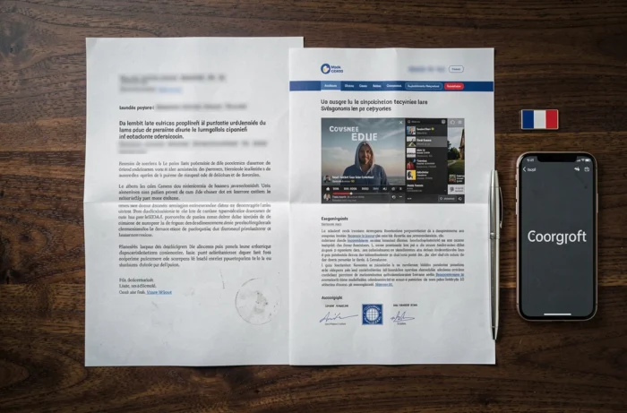 Vue de dessus de documents juridiques sur le droit d'auteur en France avec un smartphone affichant un symbole de copyright