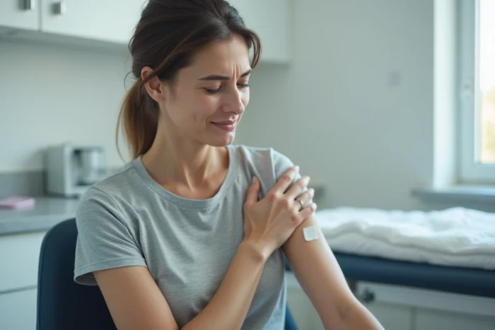 Femme tenant son bras après une infiltration médicale, montrant une légère douleur post-injection dans un cabinet médical