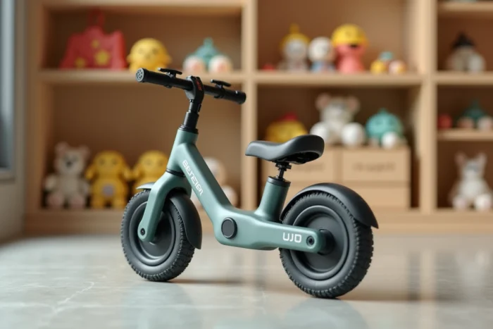 Draisienne électrique Urban Glide 140 exposée dans un magasin de jouets sur un sol en béton poli