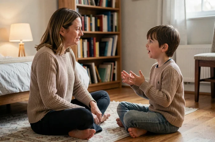 Mère assise face à son enfant en train de parler, pratiquant une écoute active avec une expression bienveillante et attentive