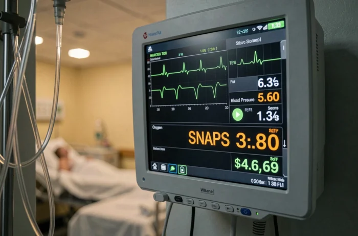 Écran médical affichant le score SNAP et les constantes vitales d'un patient en soins intensifs la nuit