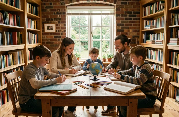 Famille réunie autour d'une table avec livres et matériel éducatif, illustrant une éducation de qualité à la maison
