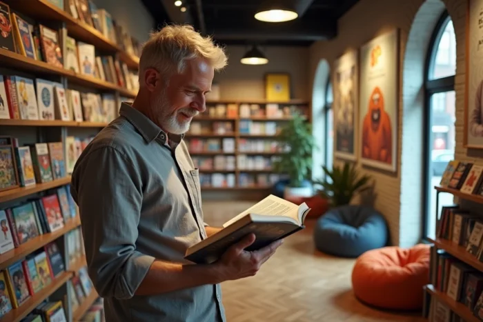 Adult man browsing an illustrated encyclopedia of cartoon characters in an independent bookstore