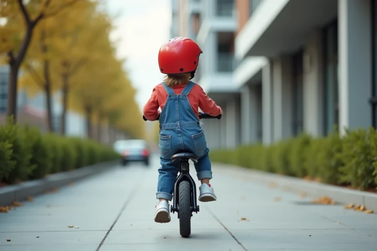 Enfant de 4 ans portant un casque rouge roulant sur une draisienne électrique Urban Glide 140 sur un trottoir urbain