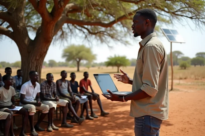 Enseignant africain présentant un ordinateur portable solaire à des étudiants en plein air dans un village rural