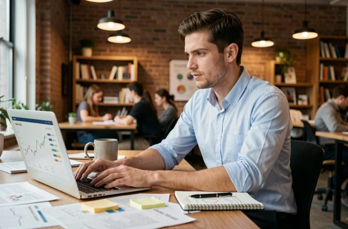 Jeune entrepreneur concentré travaillant sur les tendances et innovations business 2024 dans un espace de coworking moderne avec laptop et documents