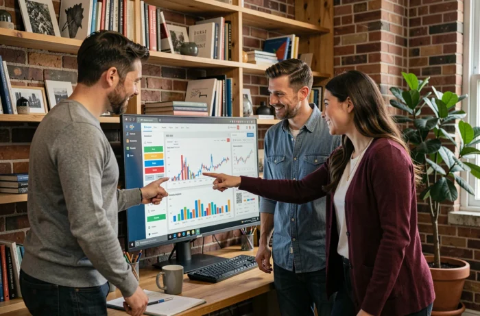 Équipe d'une agence digitale analysant des données SEO et de trafic web pour améliorer la visibilité d'une entreprise cliente