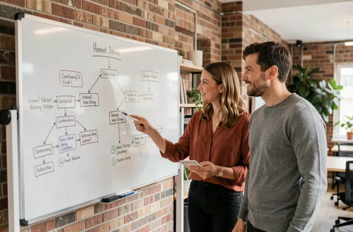 Deux professionnels discutant de l'architecture de contenu d'un site conseils habitat devant un tableau blanc