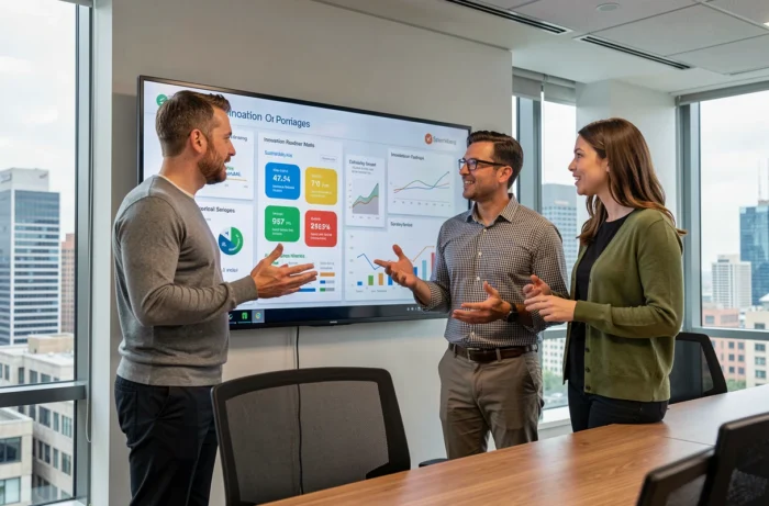 Équipe de professionnels diversifiés analysant des innovations et tendances business 2024 sur un écran interactif dans une salle de conférence moderne avec vue urbaine