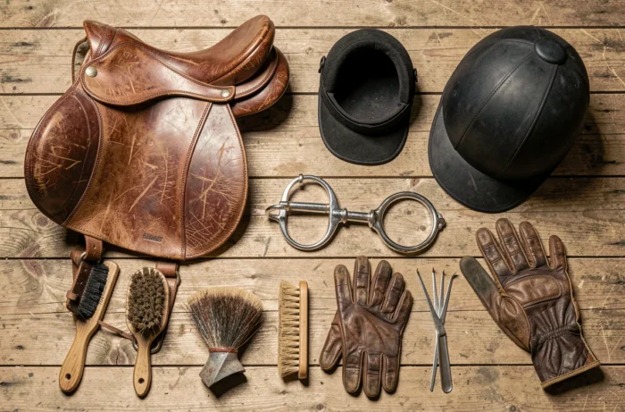 Vue aérienne d'un équipement équestre complet disposé sur un plancher en bois de grange, incluant selle, casque, gants et brosses de pansage