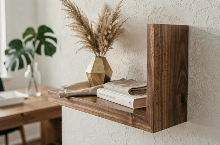 Gros plan sur une étagère cube en bois noyer avec vase en laiton et herbes séchées dans un bureau moderne