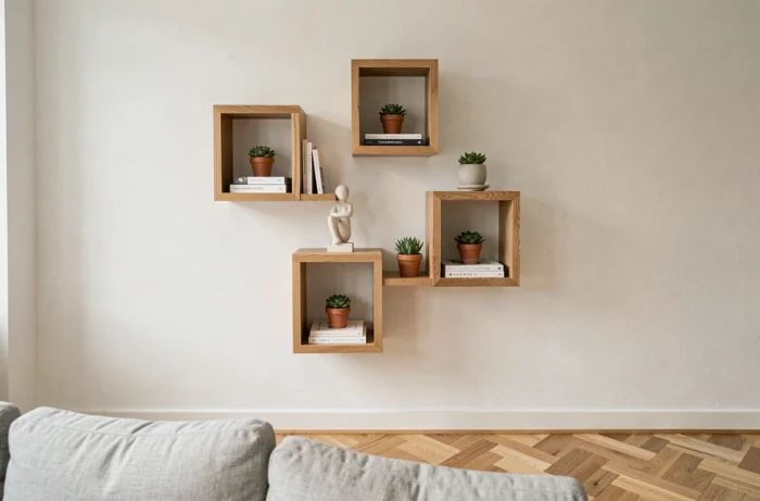 Étagères murales cubes en bois chêne disposées en grille asymétrique dans un salon moderne de style scandinave