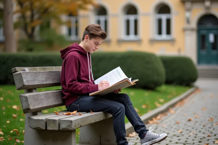 Young student reading a brochure on a campus of an international school in Switzerland in autumn