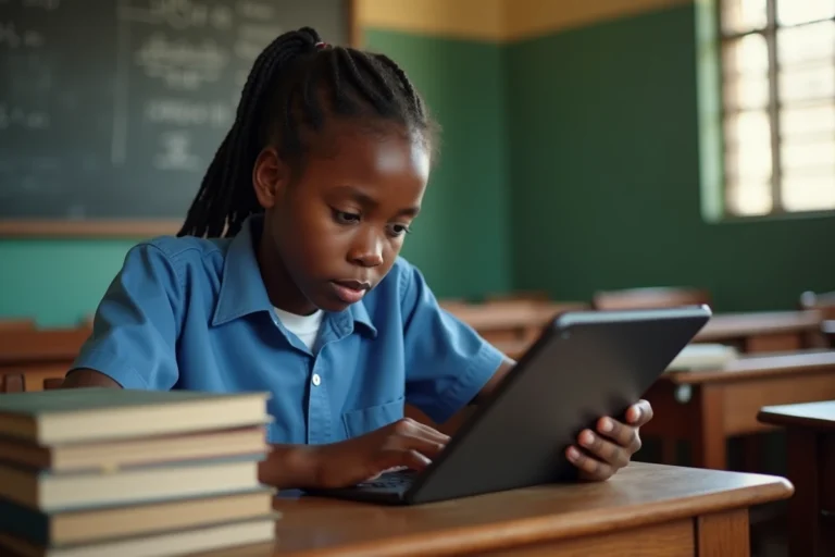 Jeune étudiante africaine utilisant une tablette numérique dans une salle de classe rurale en Afrique subsaharienne