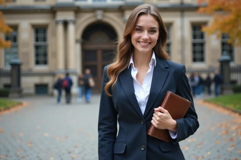Étudiante devant un bâtiment universitaire néoclassique représentant les grandes écoles et IEP en France en 2025