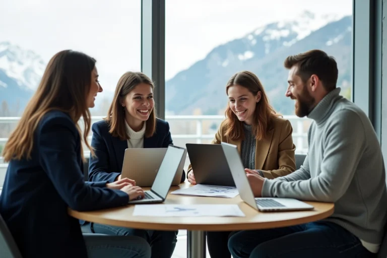 Groupe d'étudiants internationaux collaborant dans un bâtiment universitaire suisse moderne avec vue sur les Alpes
