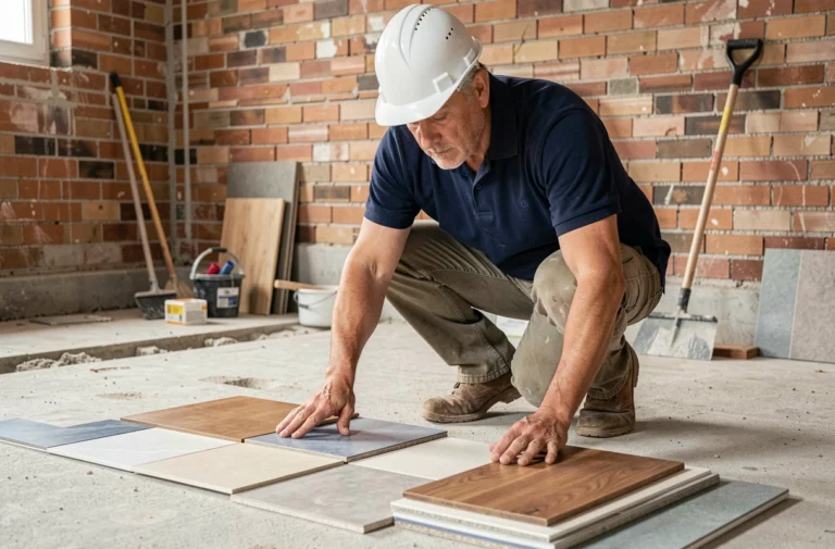 Expert en rénovation évaluant des échantillons de matériaux de construction sur un chantier d'appartement