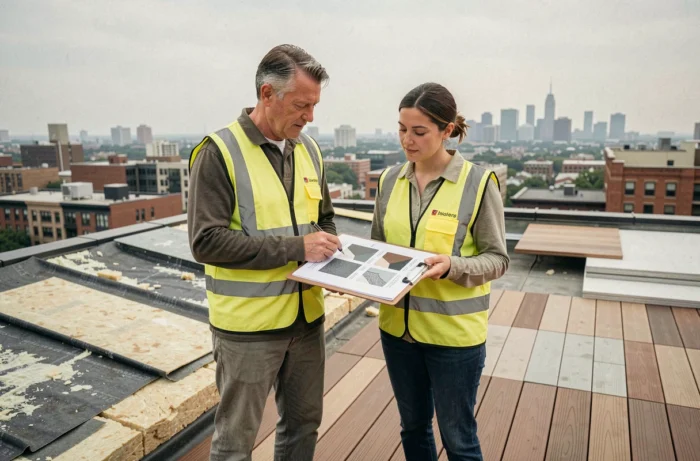 Deux experts immobiliers comparant des matériaux de rénovation sur une terrasse urbaine en chantier