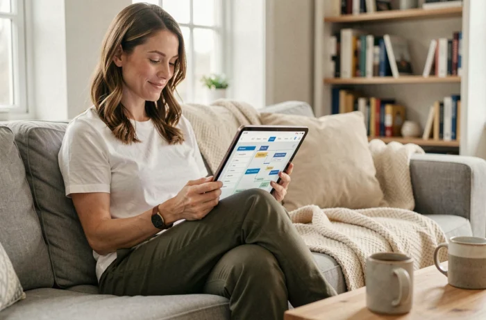 Femme utilisant une tablette pour explorer le plan de site d'un espace bien-être depuis son salon