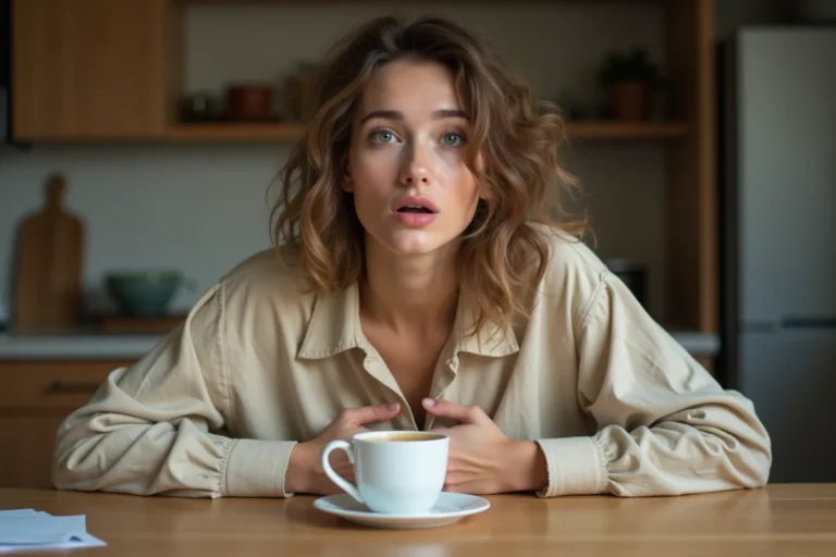 Jeune femme exprimant la faim de manière comique en tenant son ventre à table dans une cuisine chaleureuse