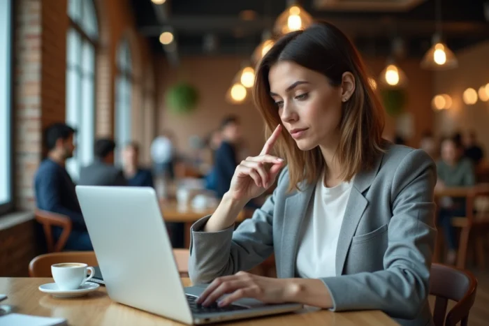 Femme évaluant un annuaire de téléchargement fiable sur son ordinateur portable dans un espace de coworking moderne