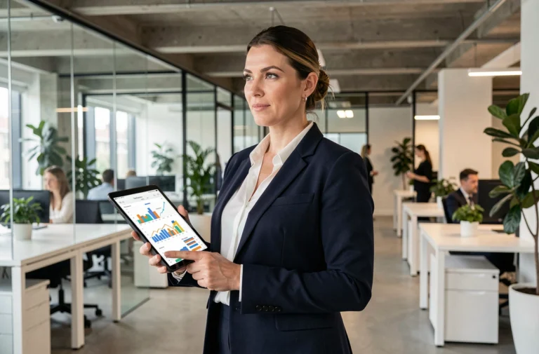 Femme cadre en blazer marine tenant une tablette avec des graphiques de données dans un bureau moderne et ouvert, illustrant les tendances business 2024