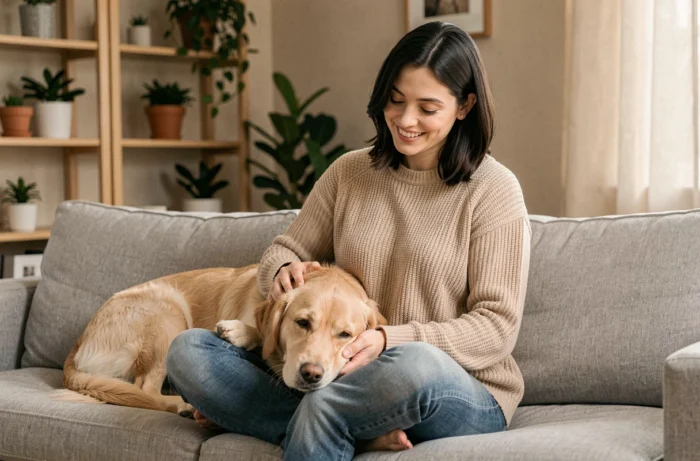 Femme souriante avec son golden retriever sur un canapé, illustrant la relation entre propriétaire et animal de compagnie et l'importance de l'assurance animaux