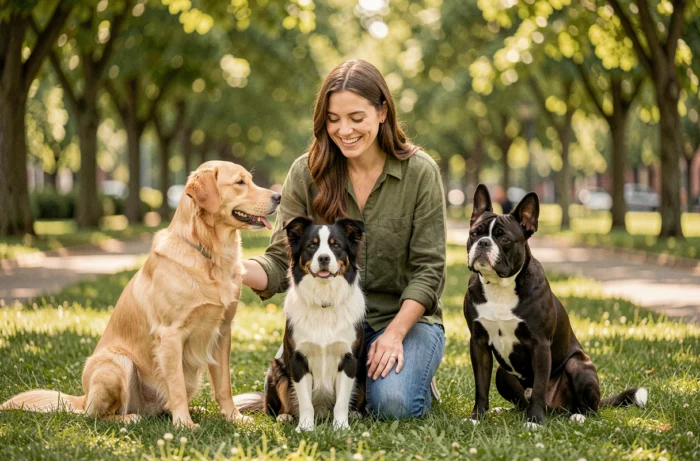 Femme souriante dans un parc interagissant avec trois races de chiens différentes pour choisir le bon compagnon