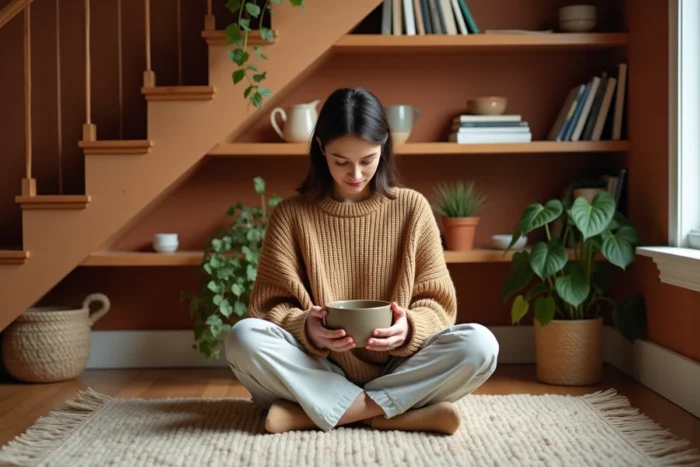 Femme détendue dans un coin lecture cosy aménagé sous un escalier avec étagères, plantes et tapis en laine