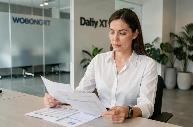 Femme professionnelle en train de comparer des offres bancaires dans une agence moderne pour optimiser ses finances