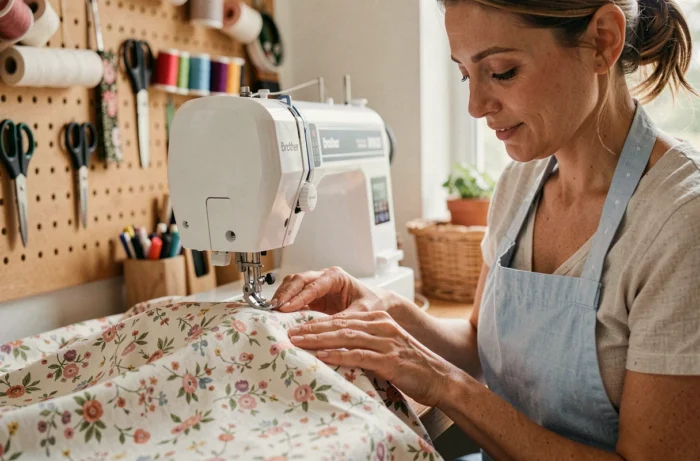 Femme utilisant la machine à coudre Brother Innov-is 15 pour coudre un tissu fleuri dans un atelier de couture