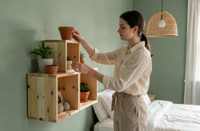 Femme arrangeant des objets décoratifs sur des étagères cubes en bois pin dans une chambre cosy aux murs vert sauge